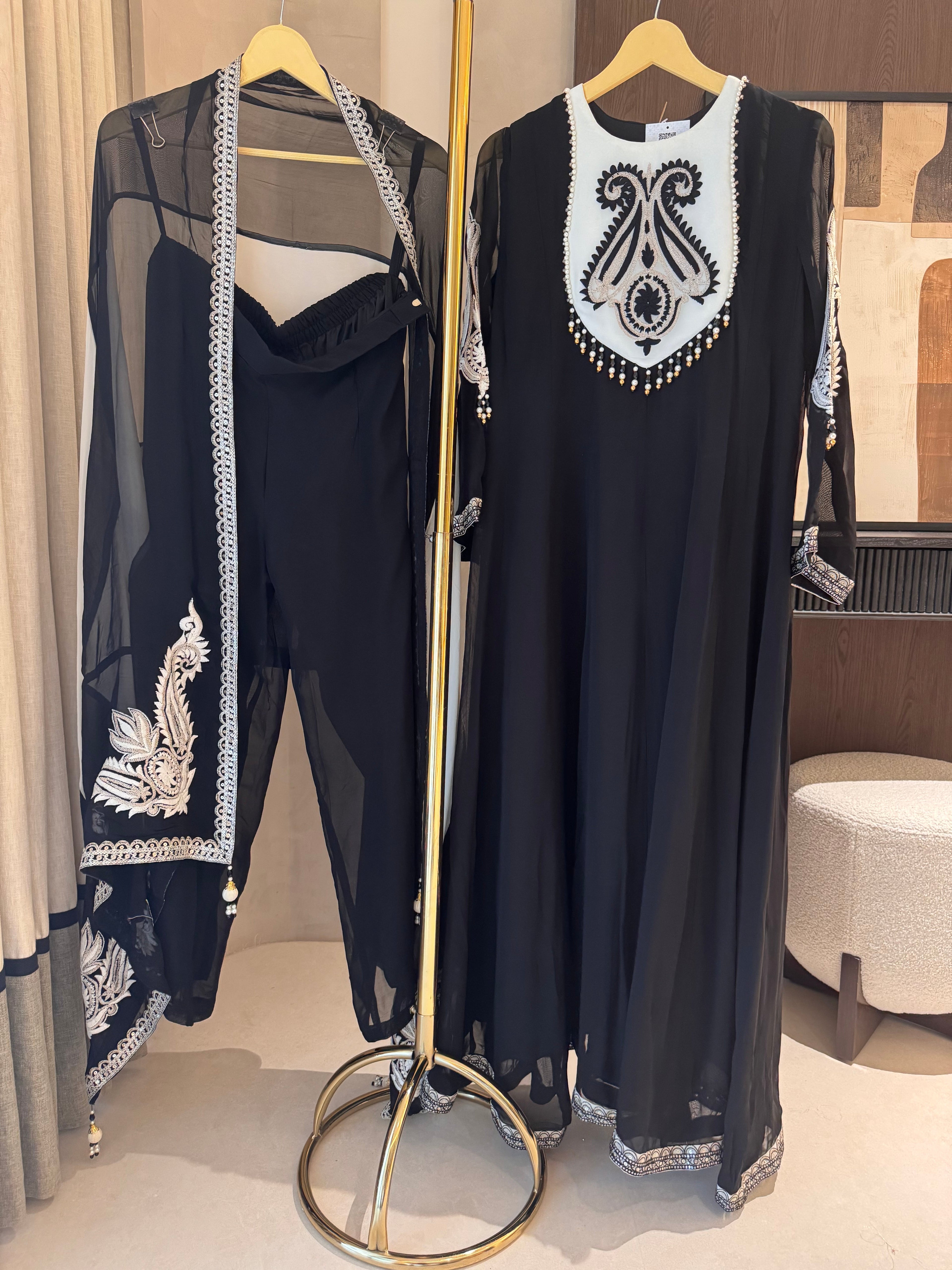 The Noir Rêverie — Color-Block Anarkali with Baroque Embroidery-white-front
