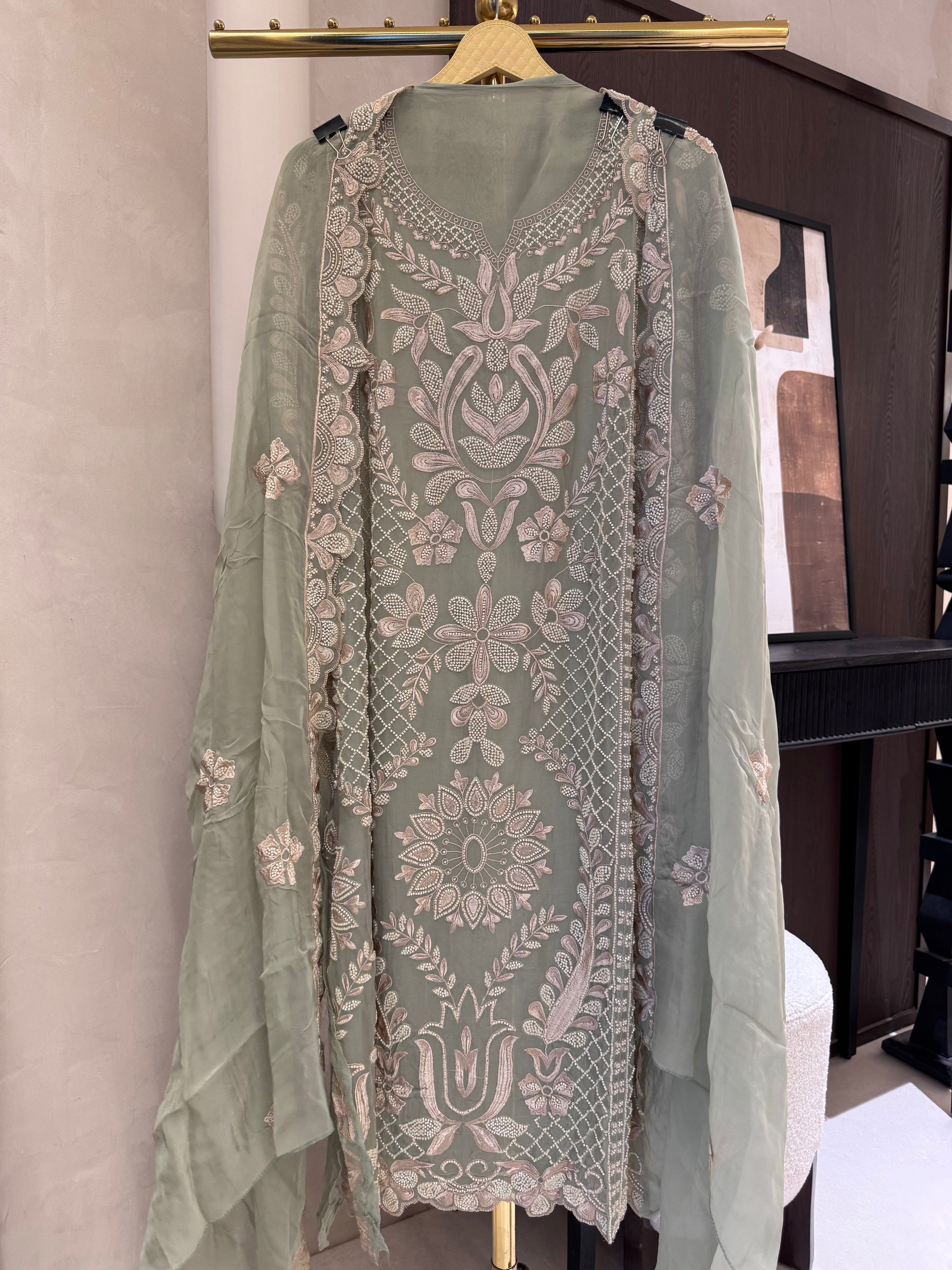 The Pearl Symphony — Organza Suit with Pearl Bead Work-sage green-front