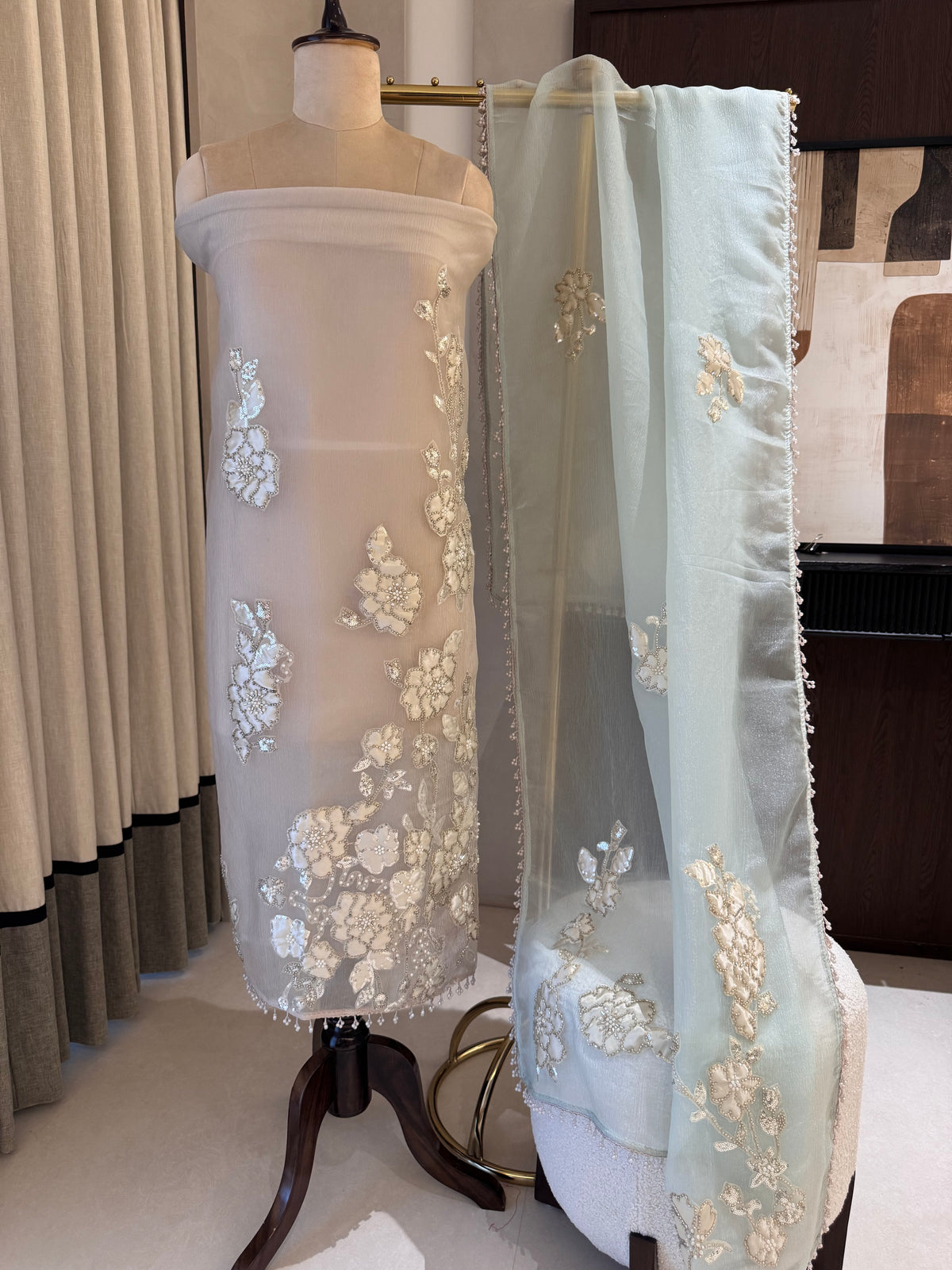 The Appliqué Edit Vol. 01 — Shimmer Silk Suit with Pearl Work-front-blue