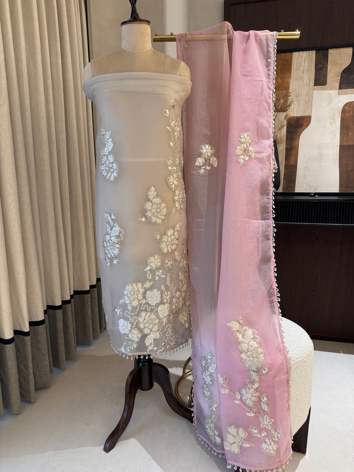 The Appliqué Edit Vol. 01 — Shimmer Silk Suit with Pearl Work-front-pink