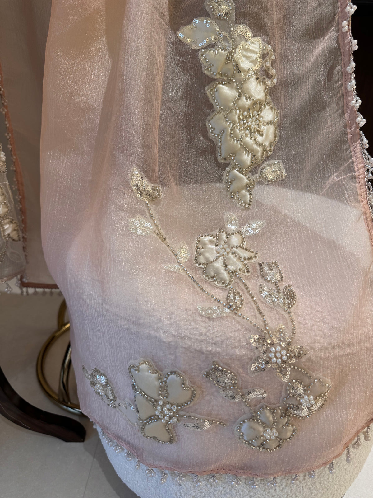 The Appliqué Edit Vol. 01 — Shimmer Silk Suit with Pearl Work-peach-dupatta-front--closeup