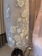 The Appliqué Edit Vol. 01 — Shimmer Silk Suit with Pearl Work-peach-front-hem-closeup