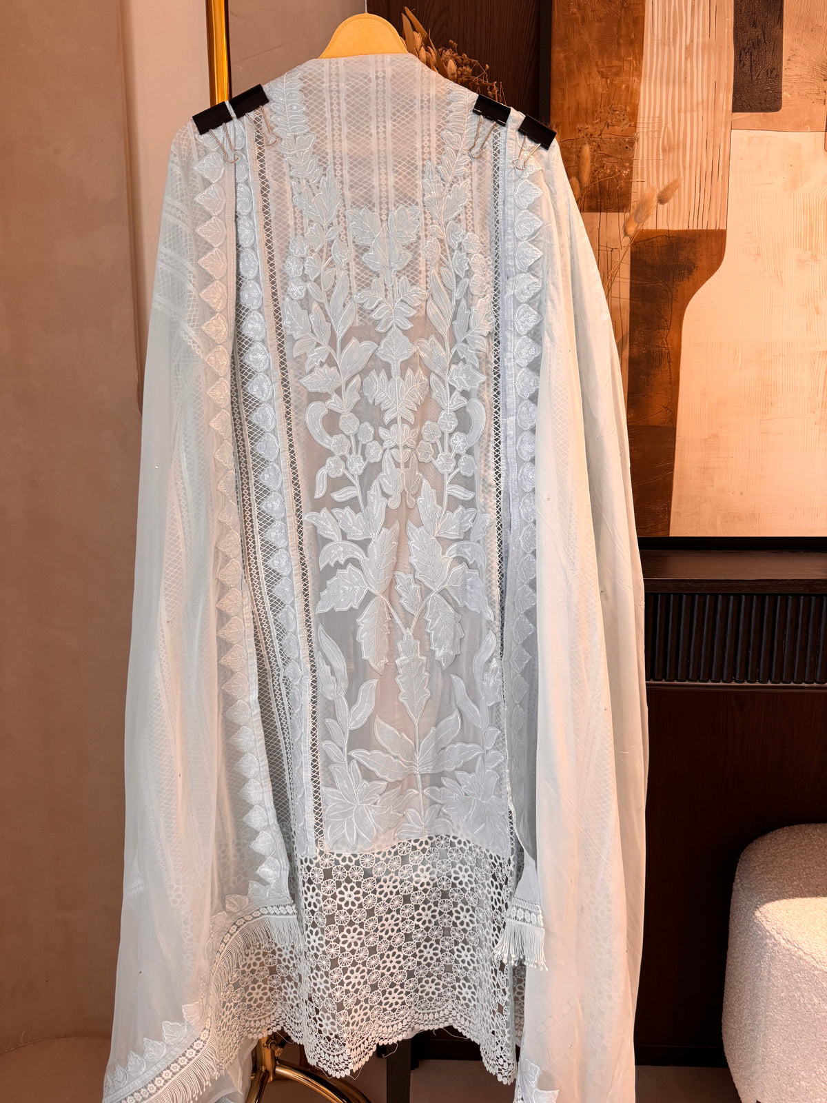 The Appliqué Filigree — Organza Suit with Chemical Lace-Ice blue-front
