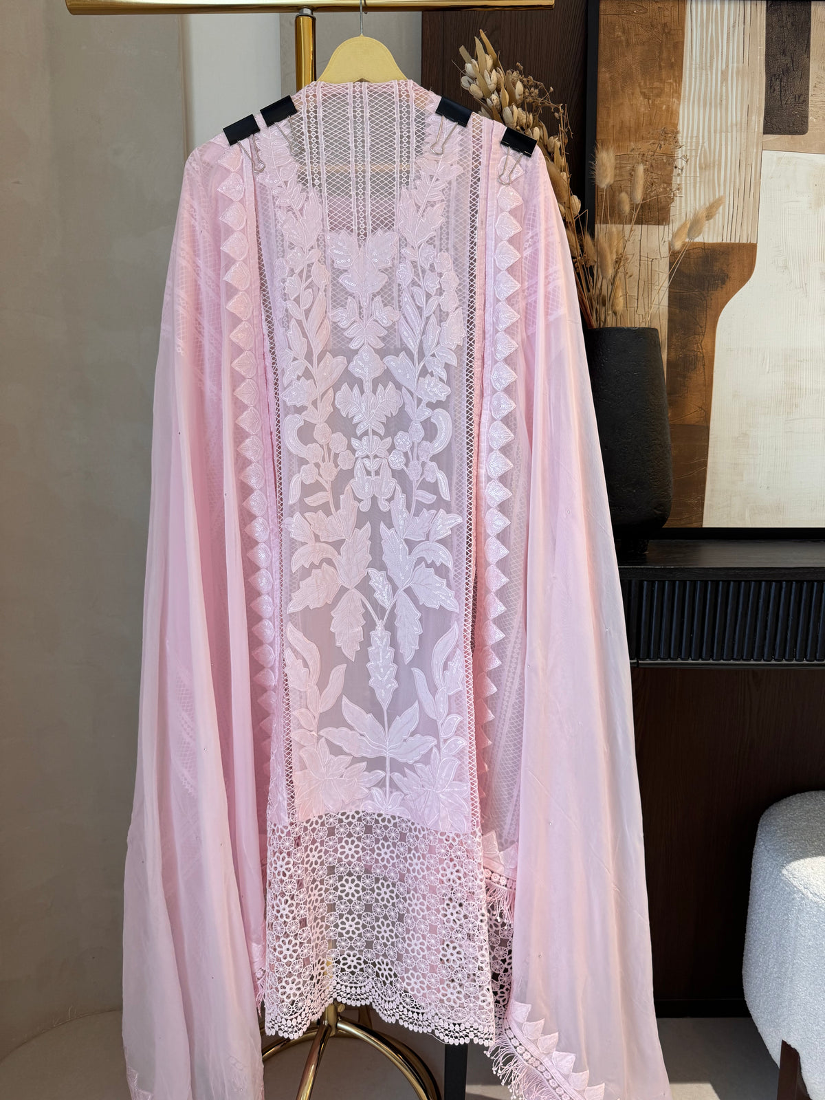 The Appliqué Filigree — Organza Suit with Chemical Lace-powder pink-front