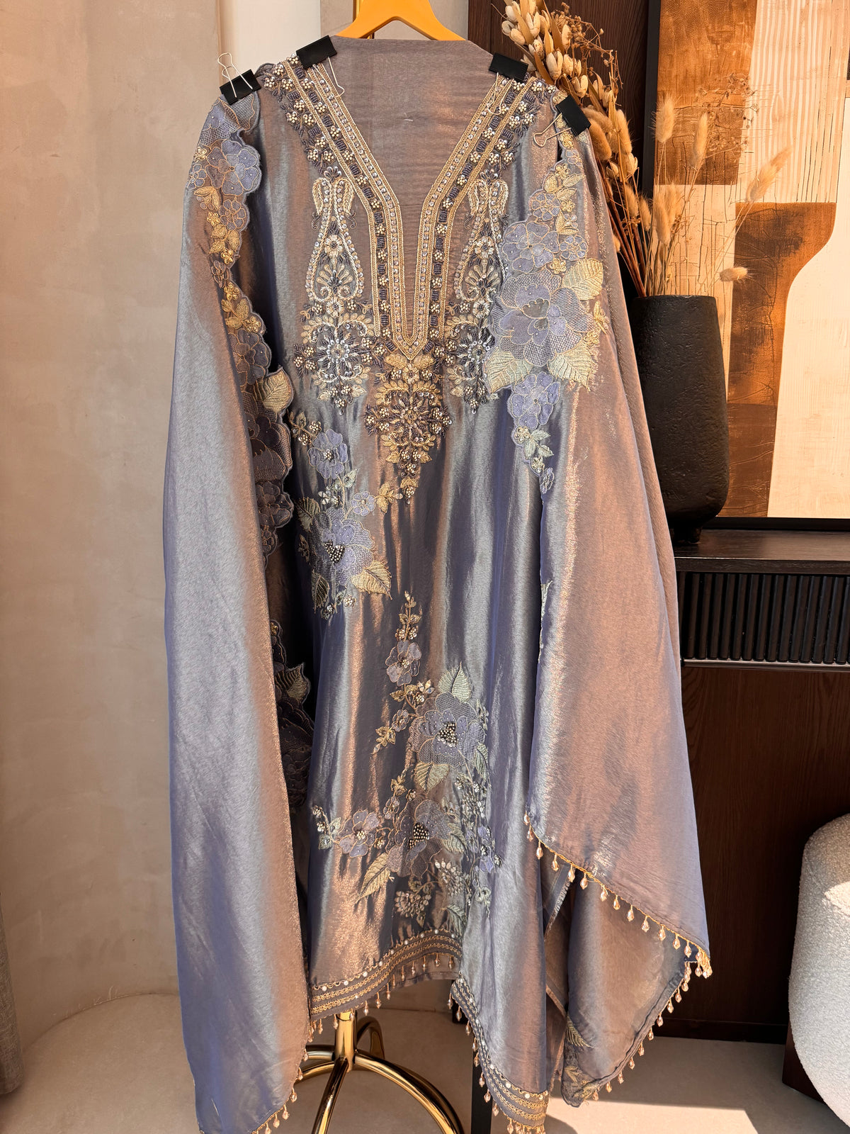 The Baagh Blossom — Shimmer Silk Suit with Zardosi Cutwork-dusty periwinkle-front