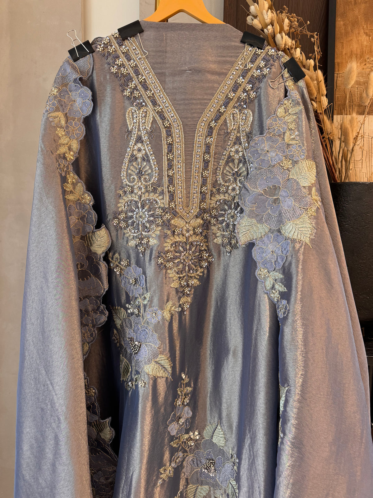 The Baagh Blossom — Shimmer Silk Suit with Zardosi Cutwork-dusty periwinkle-neckline-closeup