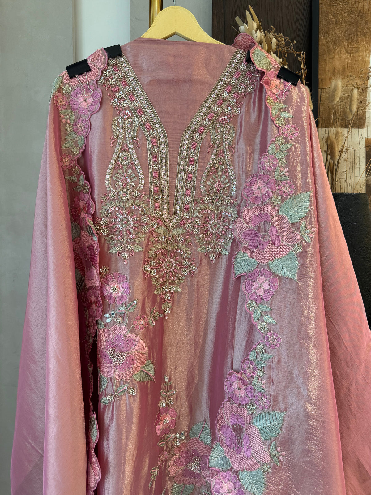 The Baagh Blossom — Shimmer Silk Suit with Zardosi Cutwork-dusty rose-neckline-closeup