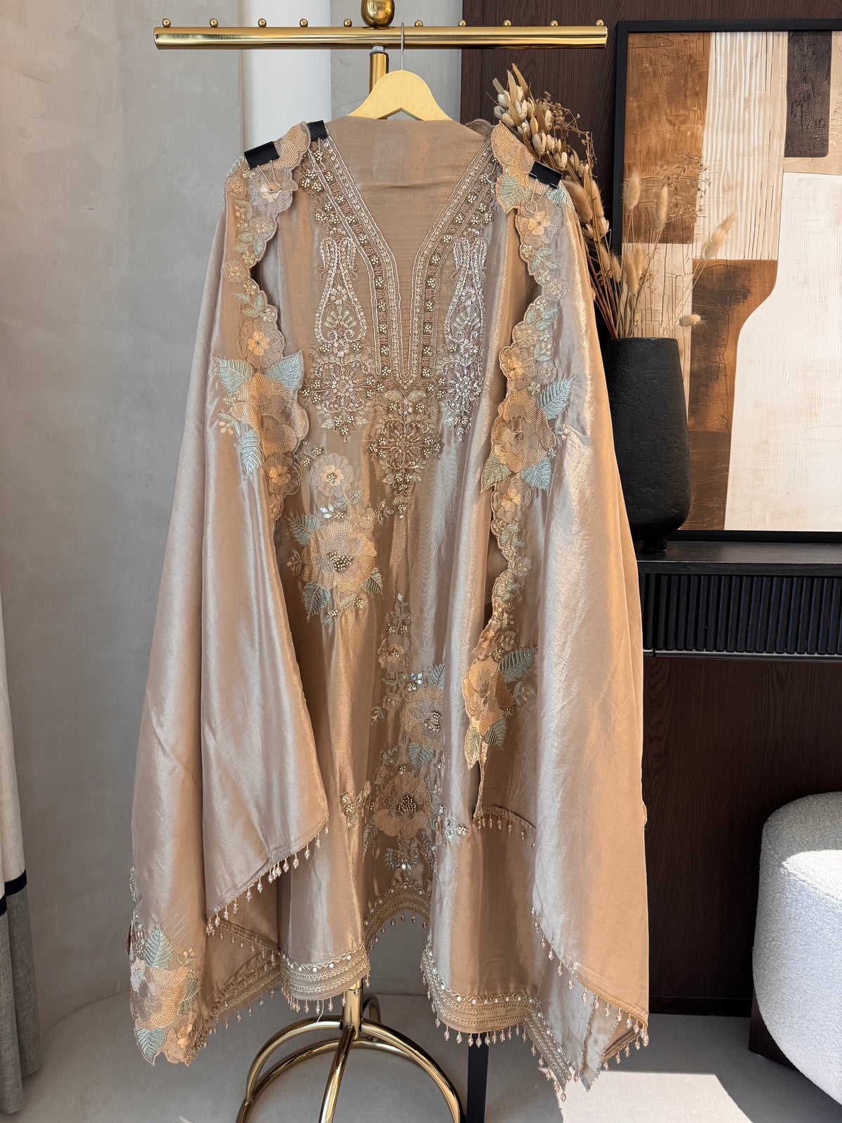 The Baagh Blossom — Shimmer Silk Suit with Zardosi Cutwork-gold-front