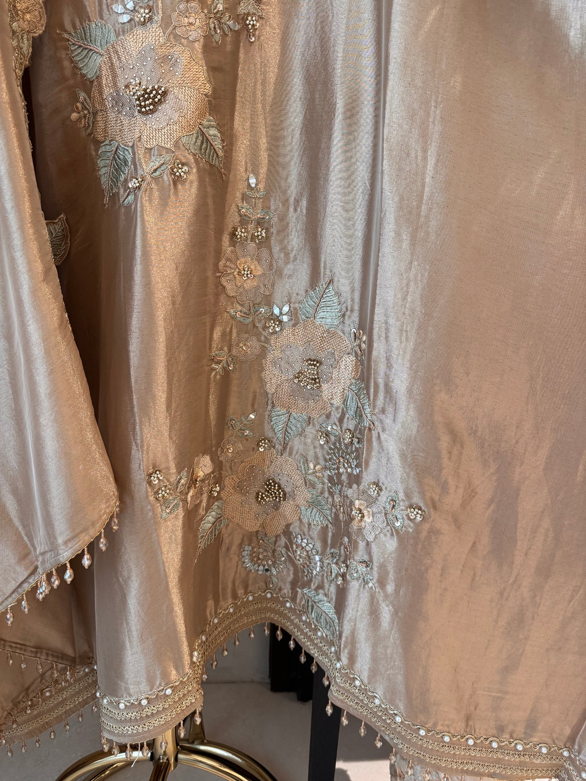 The Baagh Blossom — Shimmer Silk Suit with Zardosi Cutwork-gold-hem-closeup