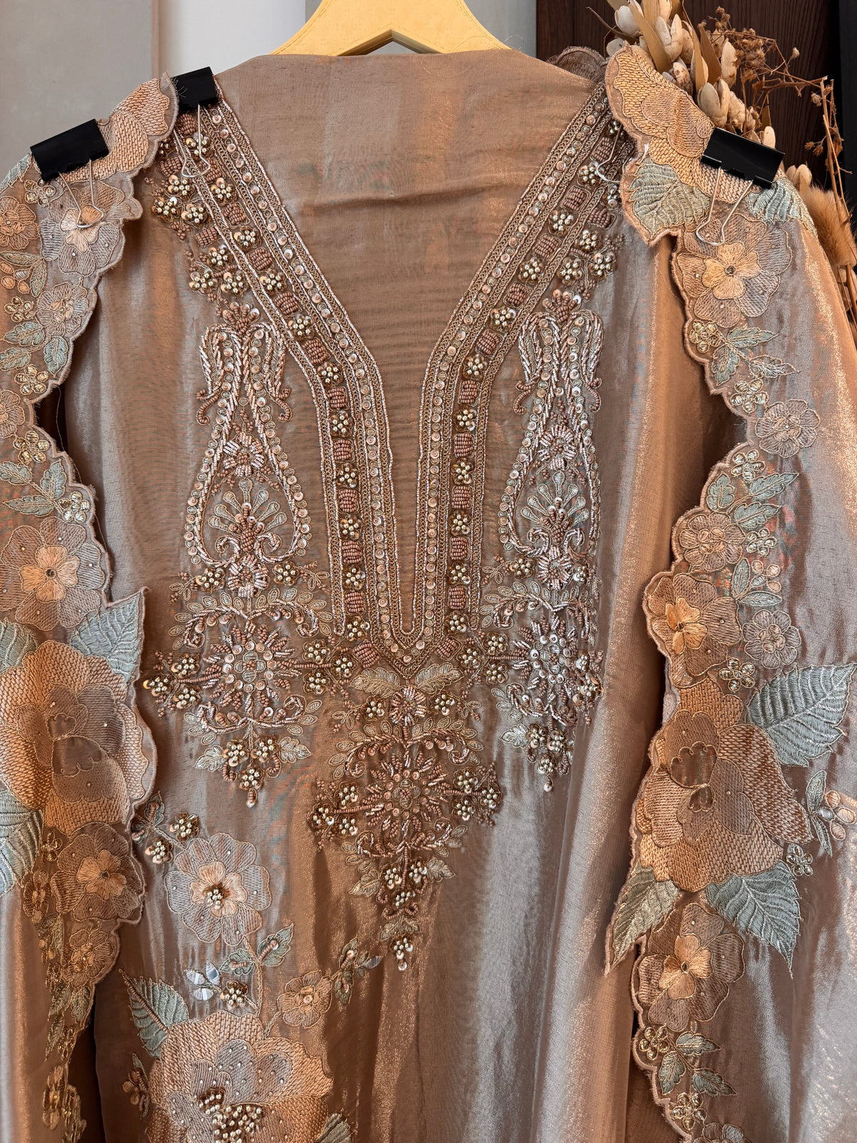 The Baagh Blossom — Shimmer Silk Suit with Zardosi Cutwork-gold-neckline-closeup