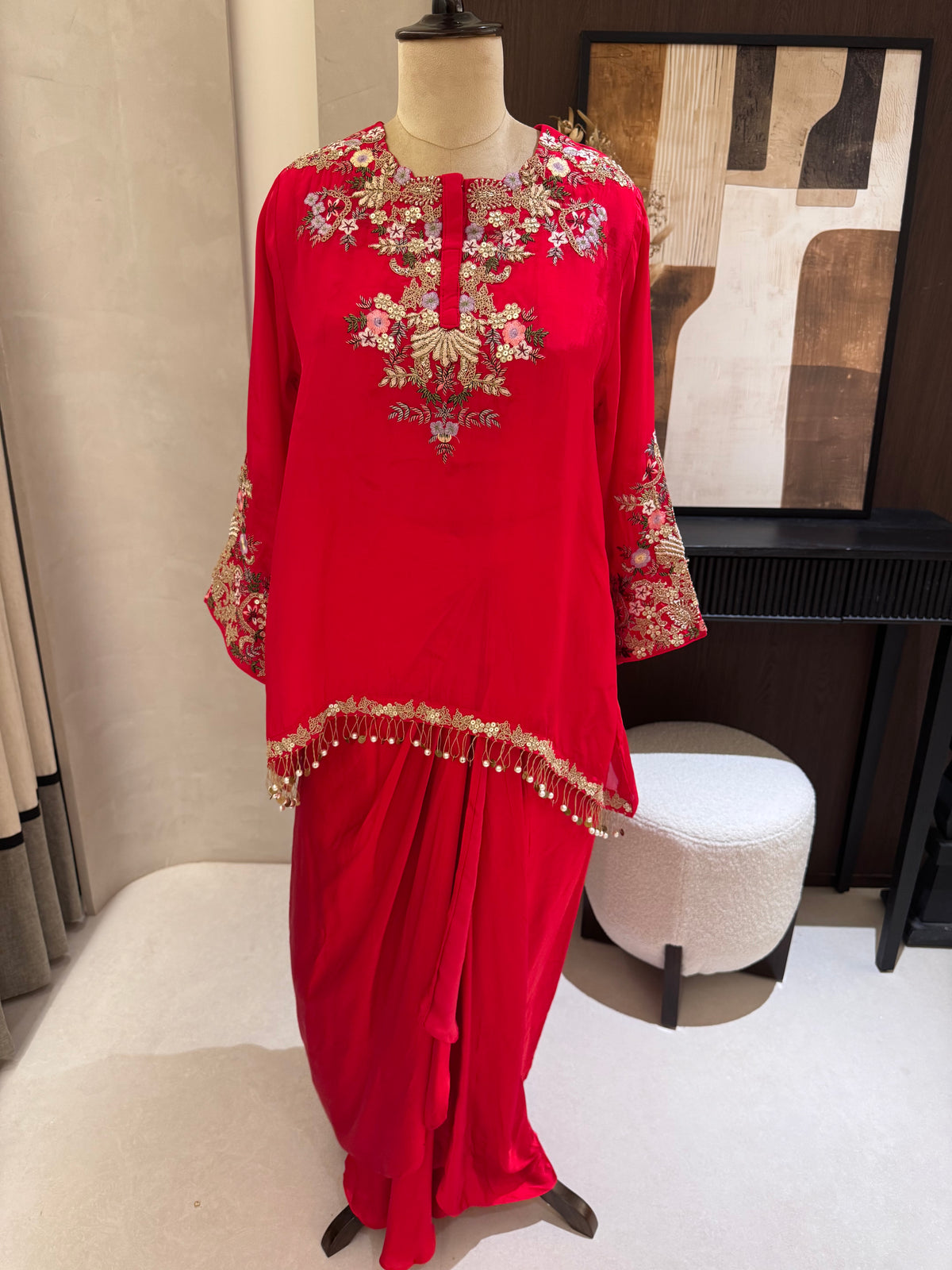 The Dhoti Edit Vol. 01 — Organza Fusion Set with Dori Work scarlet red front 