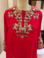 The Dhoti Edit Vol. 01 — Organza Fusion Set with Dori Work scarlet red front Close up 