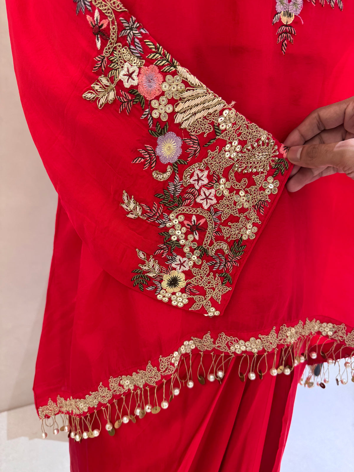 The Dhoti Edit Vol. 01 — Organza Fusion Set with Dori Work scarlet red front Close up Sleeves