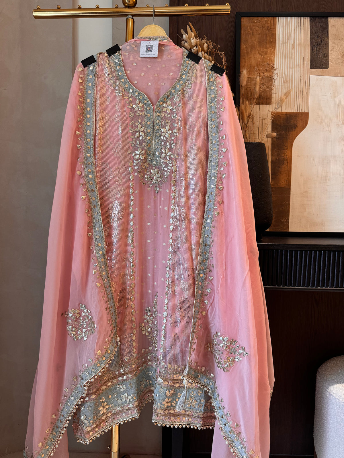 The Gota Tapestry — Organza Suit with Leather Patch Work-blush pink - front 