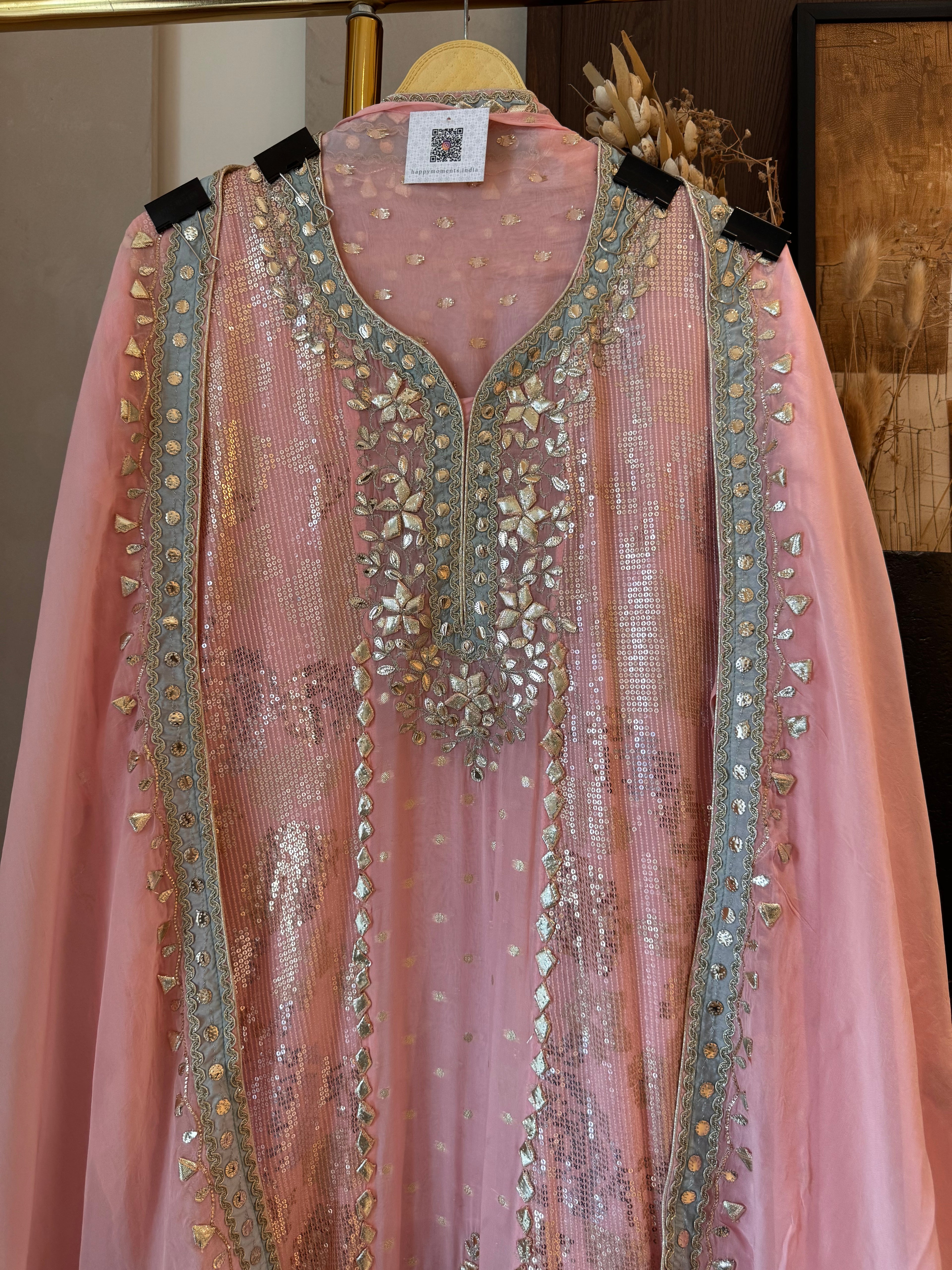 The Gota Tapestry — Organza Suit with Leather Patch Work-blush pink - front -close up 