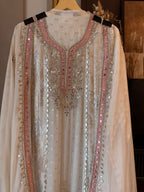 The Gota Tapestry — Organza Suit with Leather Patch Work-ivory front-close up 