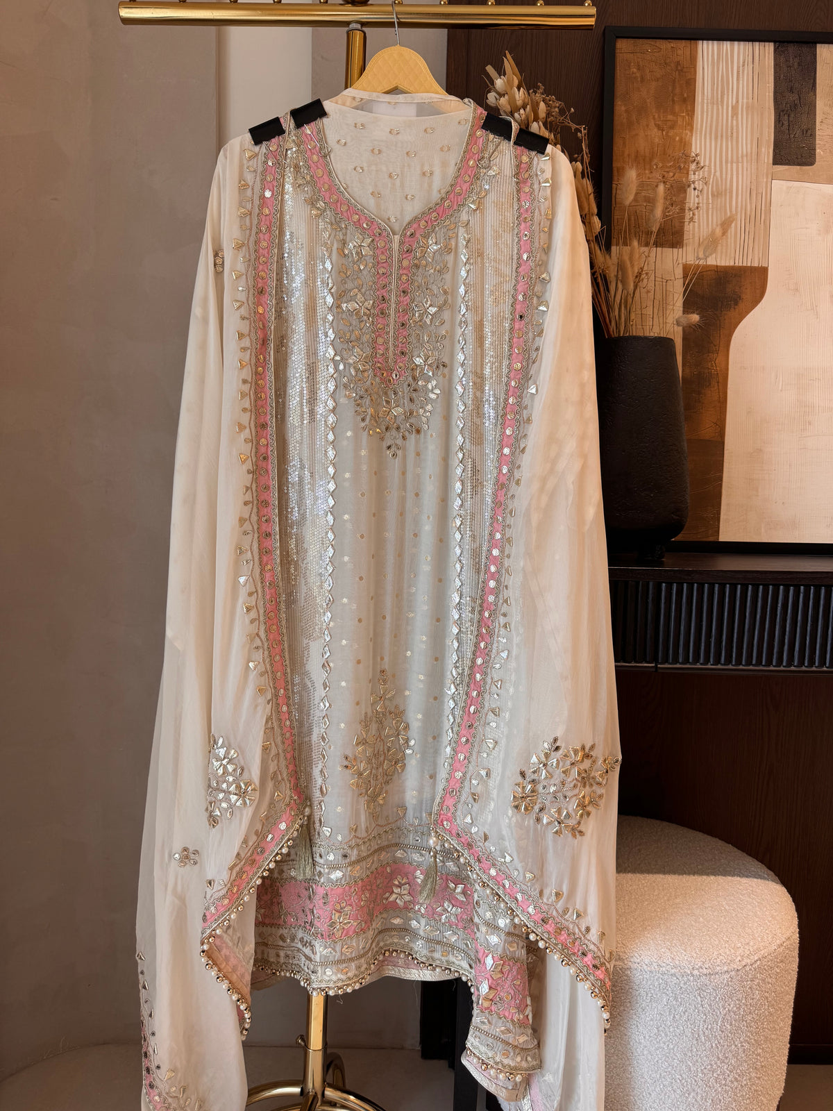 The Gota Tapestry — Organza Suit with Leather Patch Work-ivory front
