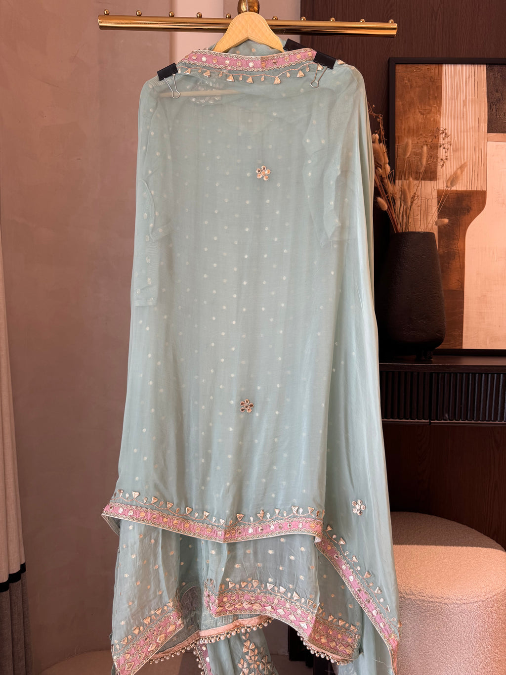 The Gota Tapestry — Organza Suit with Leather Patch Work-sage mint-dupatta 