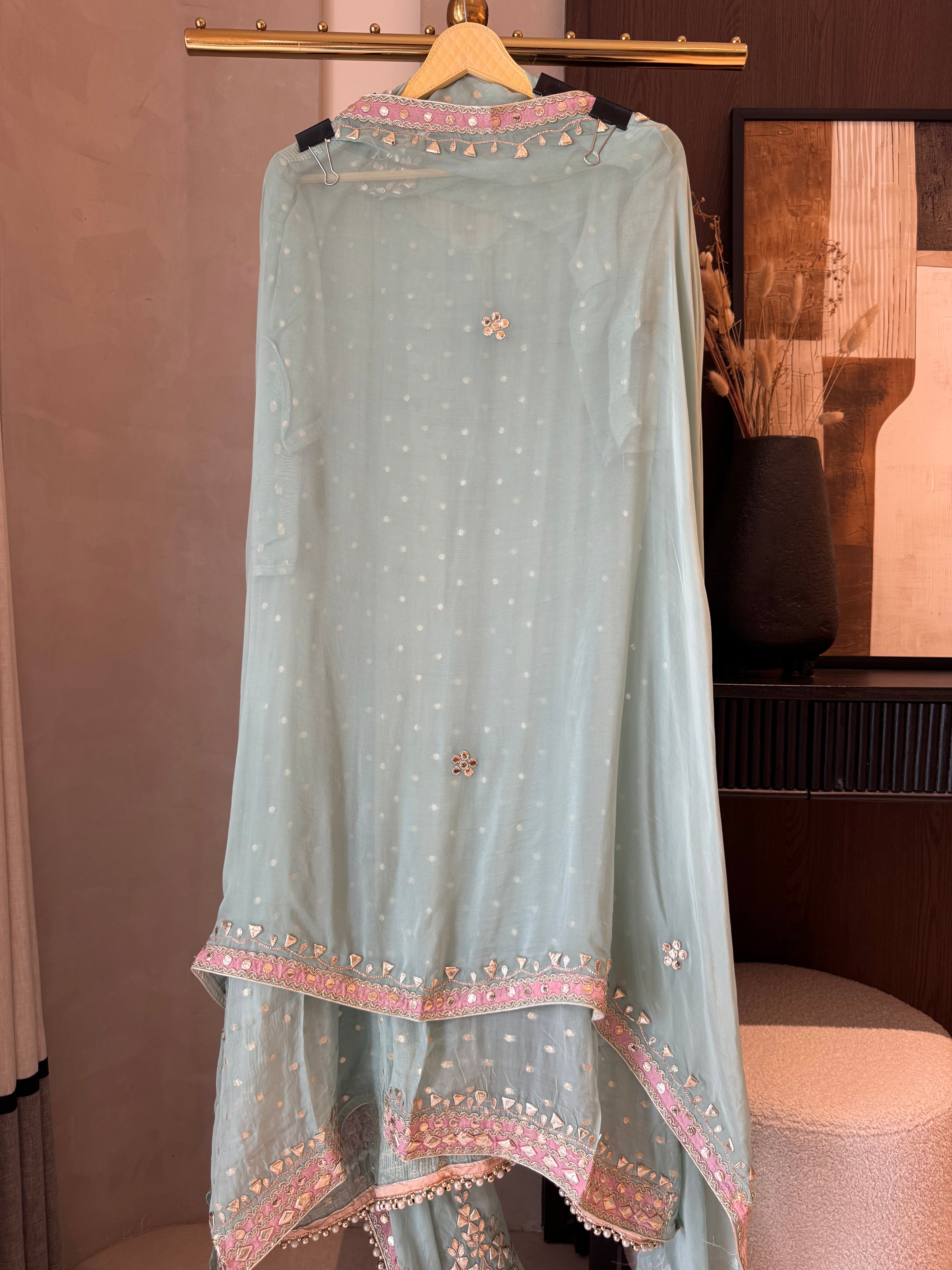The Gota Tapestry — Organza Suit with Leather Patch Work-sage mint-dupatta 