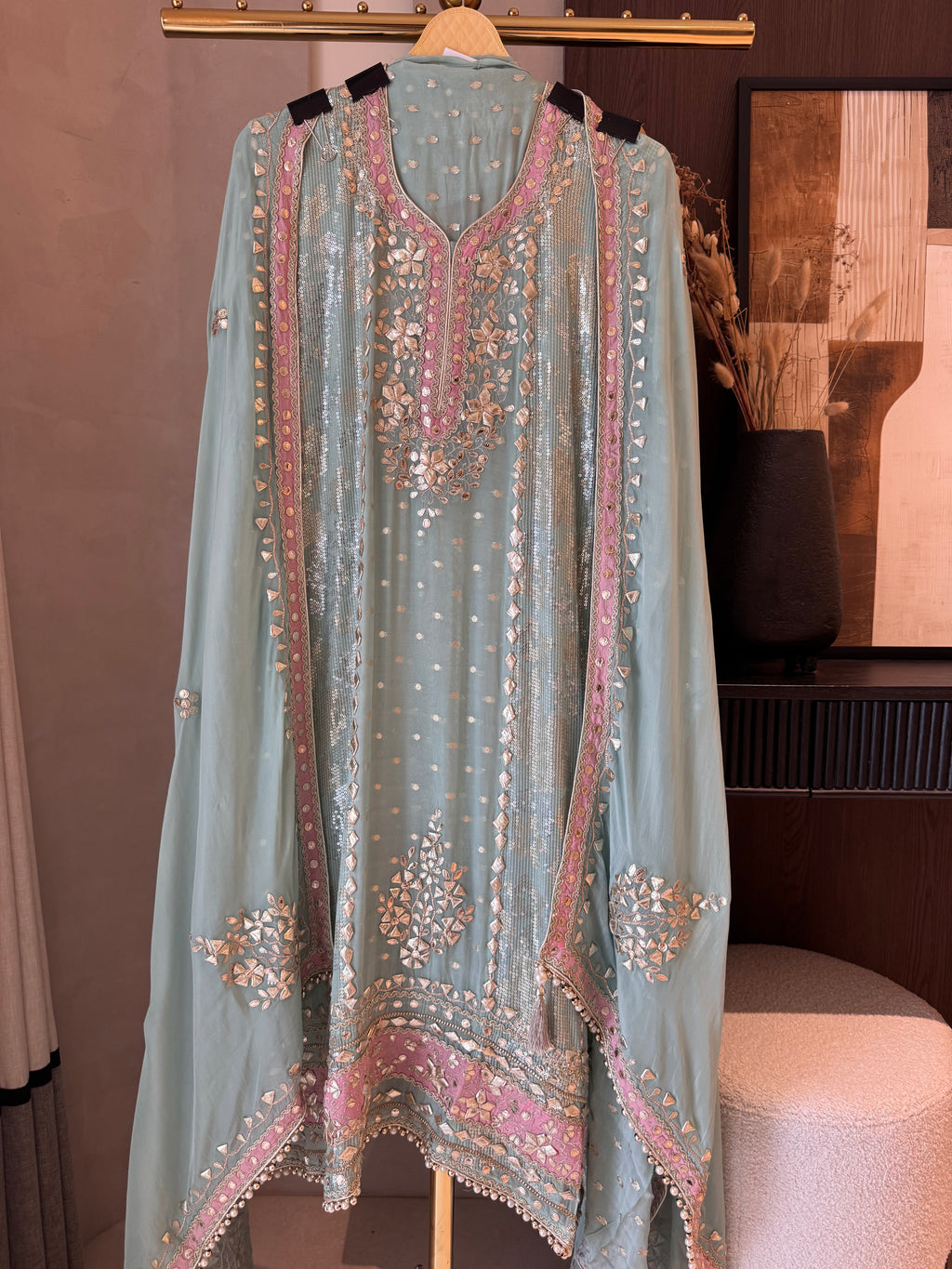The Gota Tapestry — Organza Suit with Leather Patch Work-sage mint-front 