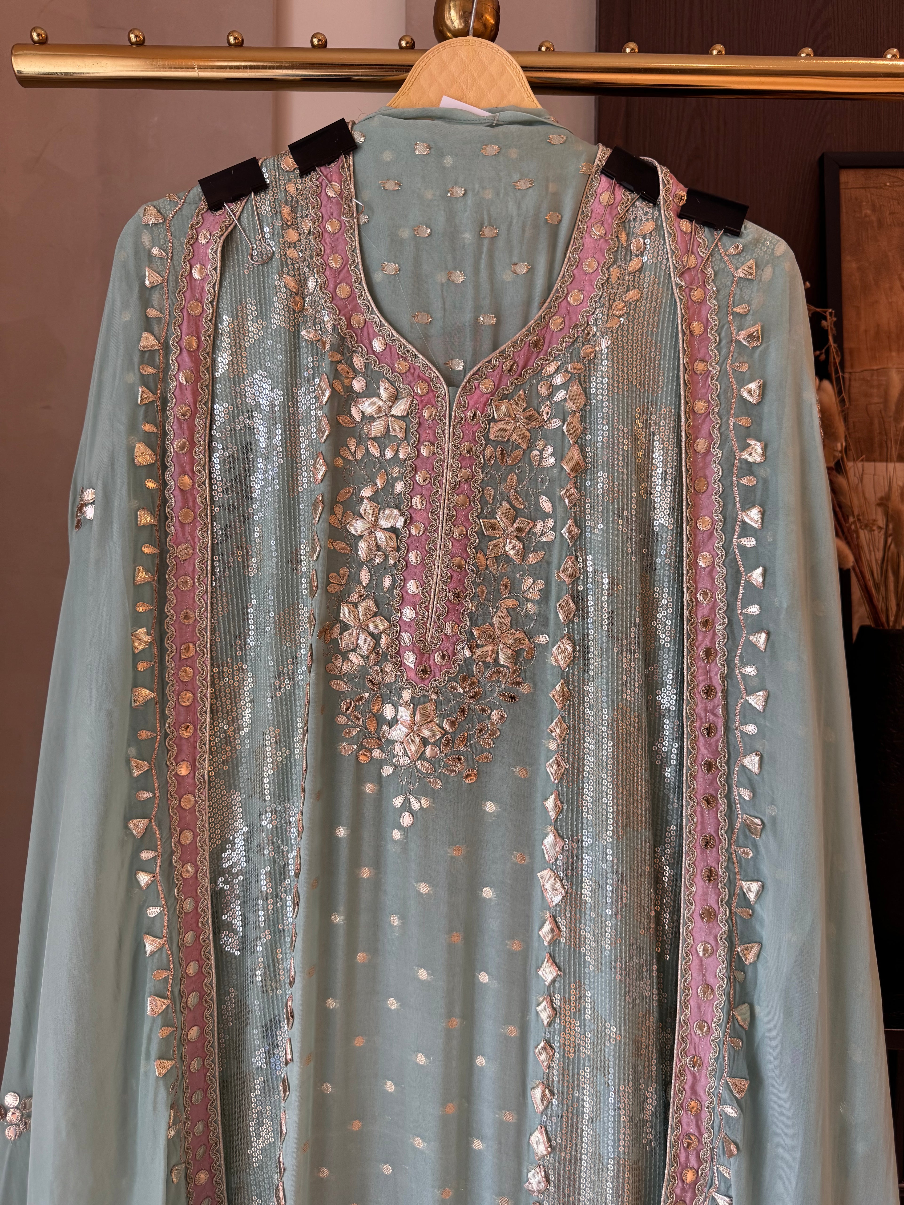 The Gota Tapestry — Organza Suit with Leather Patch Work-sage mint-front -closeup