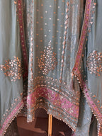 The Gota Tapestry — Organza Suit with Leather Patch Work-sage mint-hem-closeup 