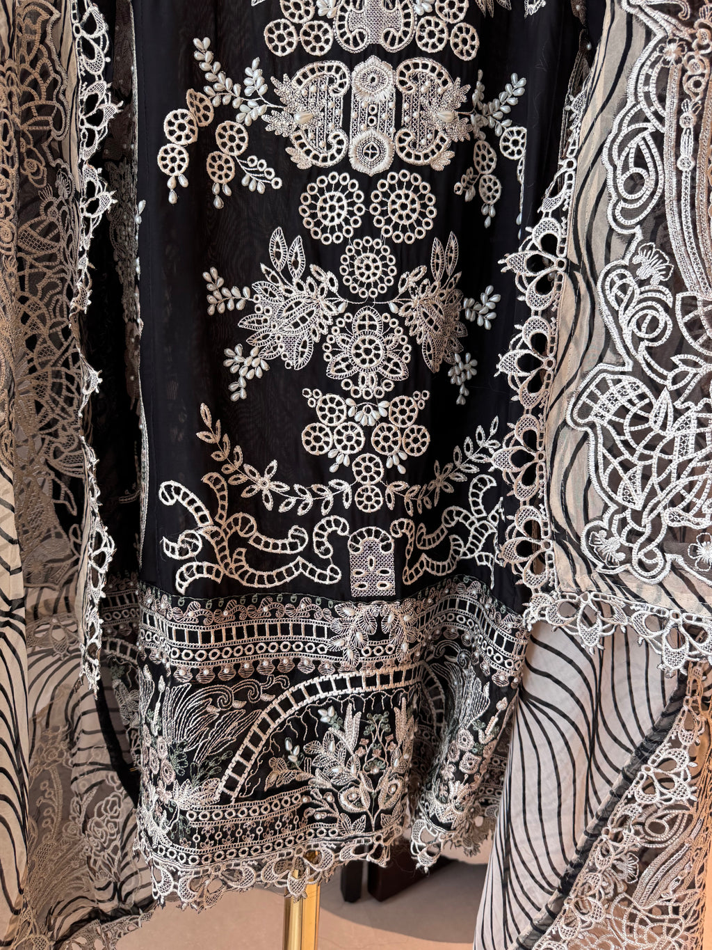 The Noir Filigree — Organza Suit with Cutwork Embroidery-Front-close-up-hem