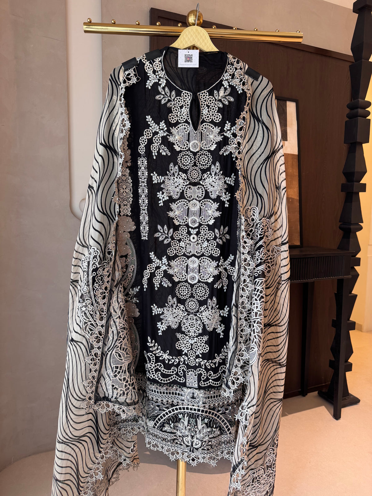 The Noir Filigree — Organza Suit with Cutwork Embroidery-Front