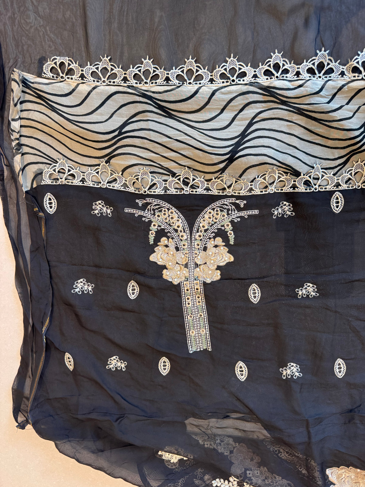The Noir Filigree — Organza Suit with Cutwork Embroidery-sleeves