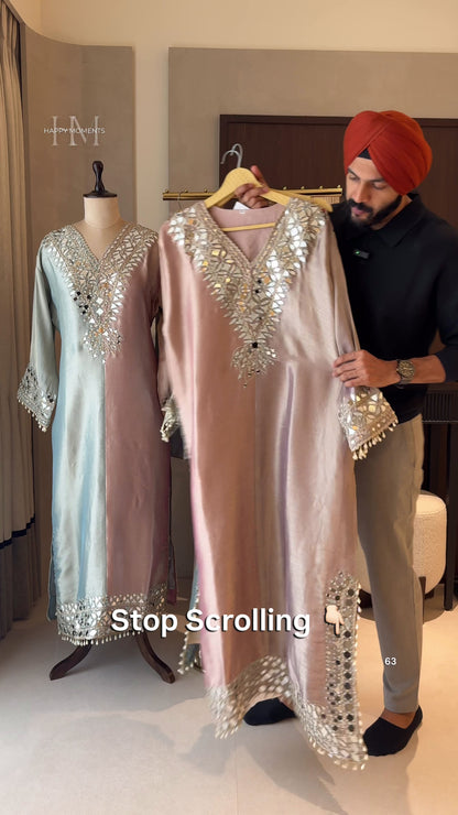 Giraffe Silk Readymade Long Top Set with Mirror Work & Potli