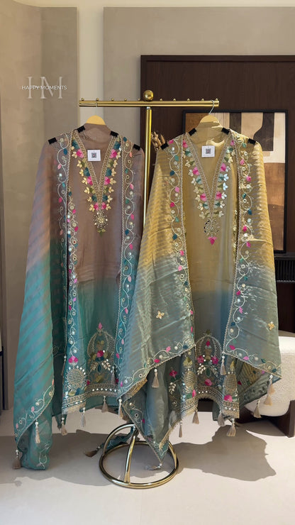 Shimmer Tissue Unstitched Suit Set with Mirror, Gota & Wool Work
