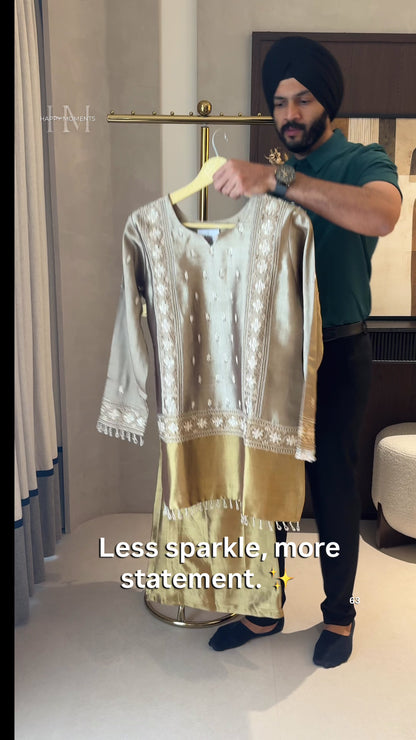 Shimmer Tissue Readymade Top & Pant Set with Thread Work & Zardozi Highlights
